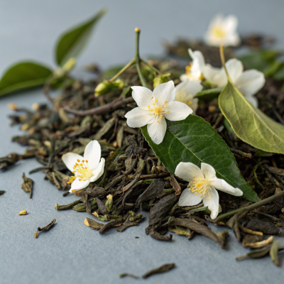 清爽风格的产品图，茶袋侧面展示薄荷绿叶和金黄玉米须图案，背景使用淡蓝色渐变，光线从左上方柔和照射，突出茶包的清新感。